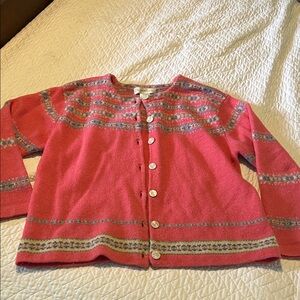 Susan Bristol Coral Pink Fair Isle Wool Cardigan